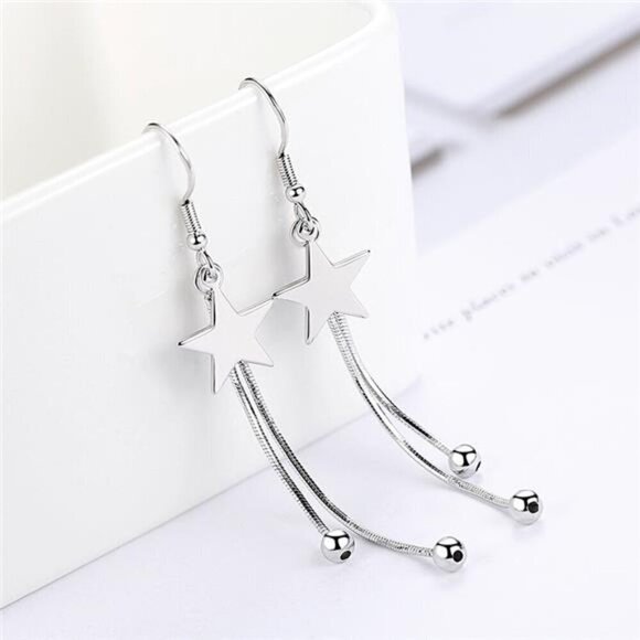 Silver Star Tassel Earrings 925 Sterling Luxury Bead for Women Fashion - Picture 1 of 6